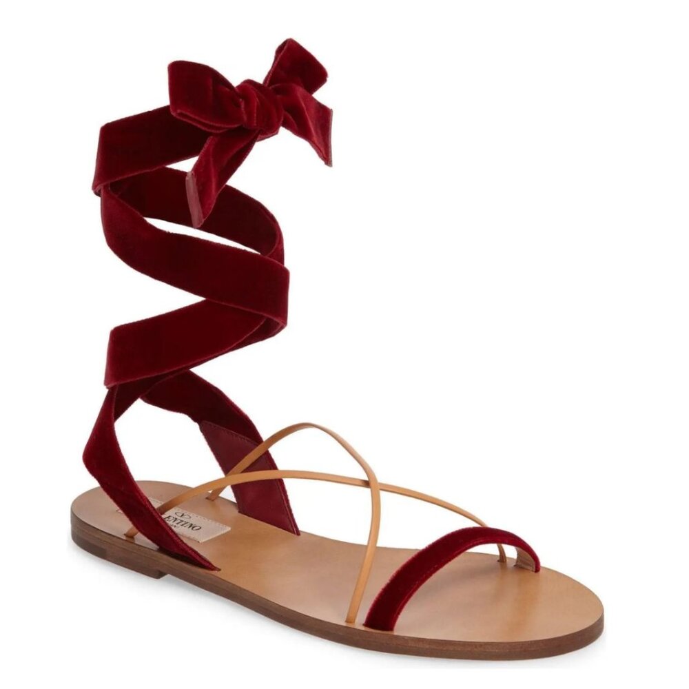 Valentino Ankle Wrap Flat Sandals Sz 37 Maroon Velvet Open Toe Criss-cross Strap
